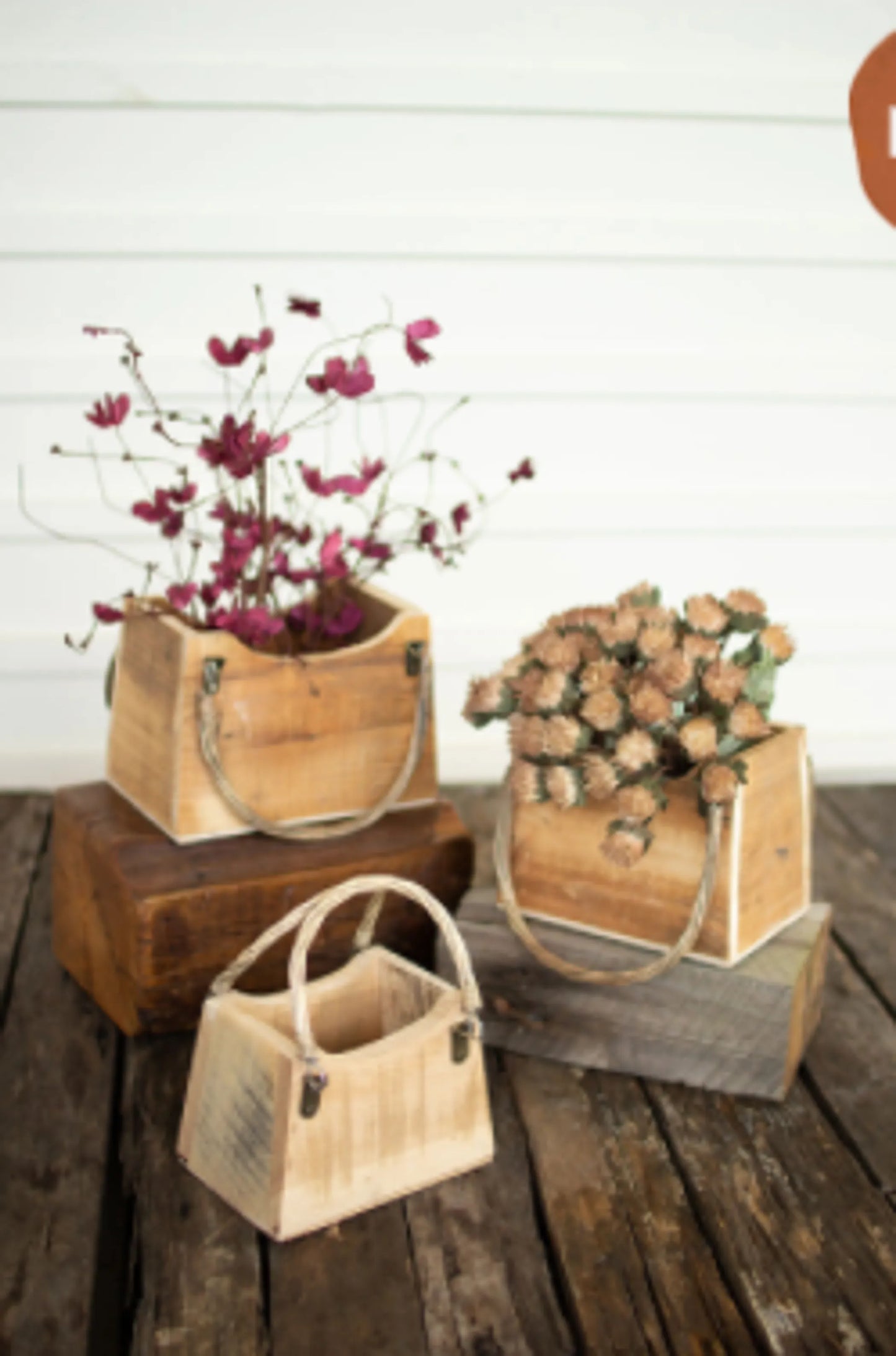 Chic Rustic Wood Hand Bag Planters, set of 3