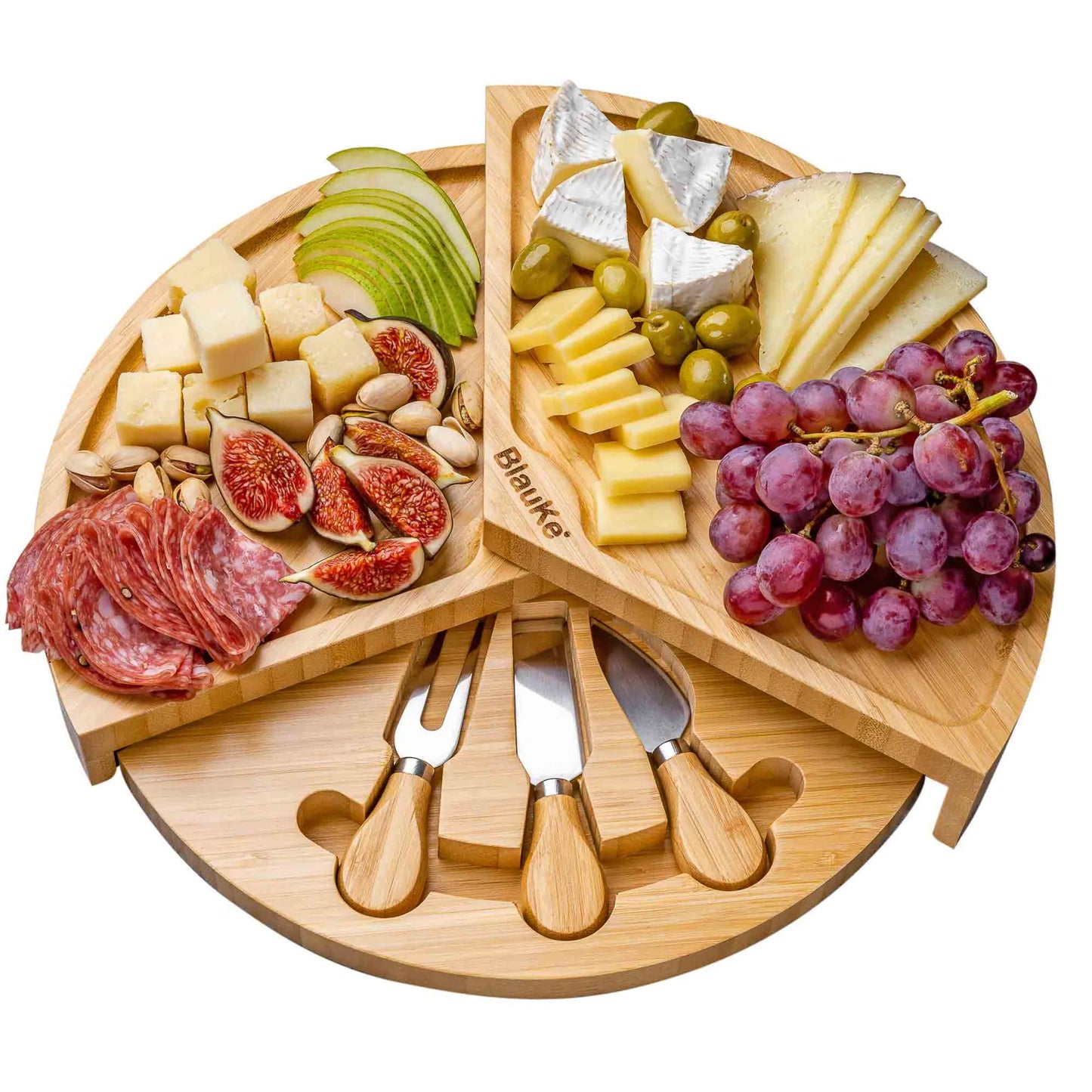 Bamboo Cheese Charcuterie Board and Knife Set with Slide-Out Drawer