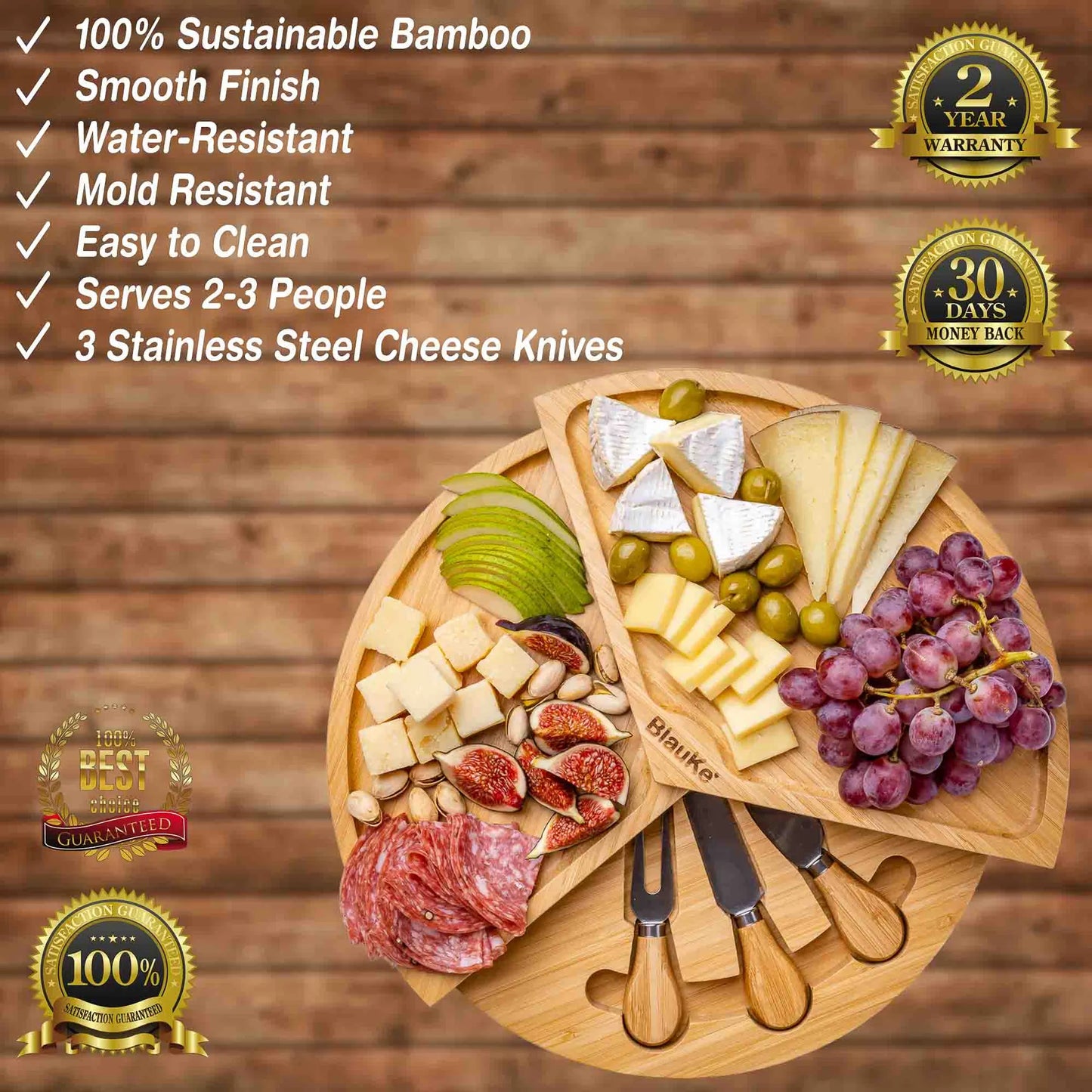 Bamboo Cheese Charcuterie Board and Knife Set with Slide-Out Drawer