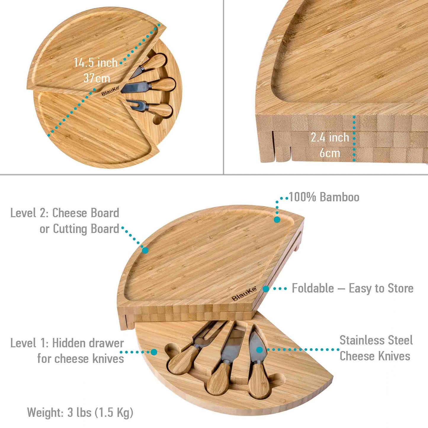 Bamboo Cheese Charcuterie Board and Knife Set with Slide-Out Drawer