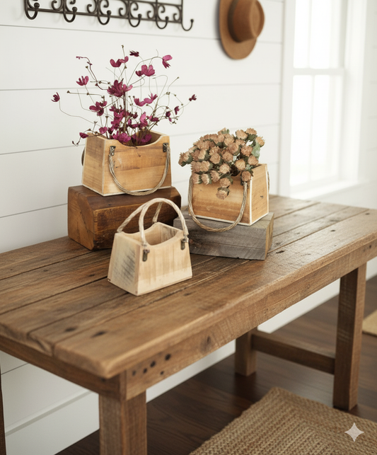 Chic Rustic Wood Hand Bag Planters, set of 3
