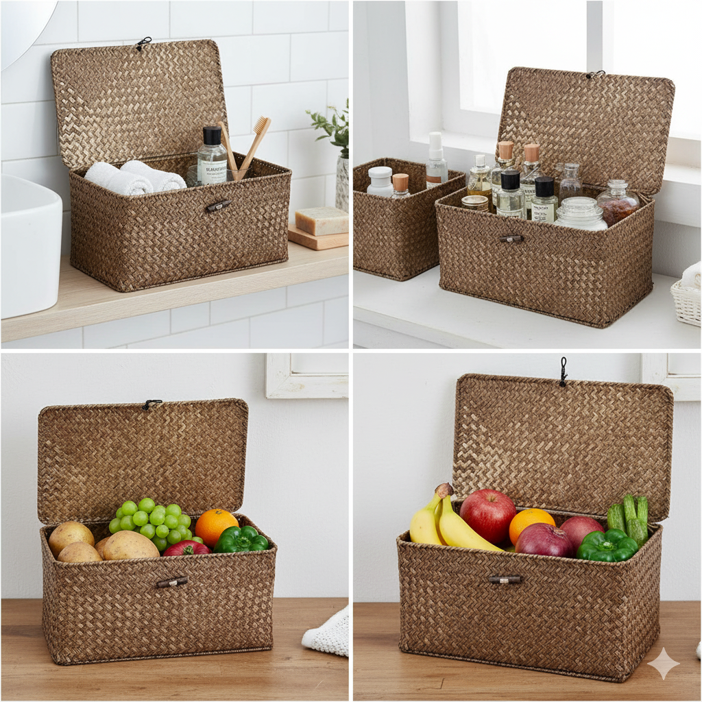 Vintage Handwoven Seagrass Wicker Storage Basket with Lid