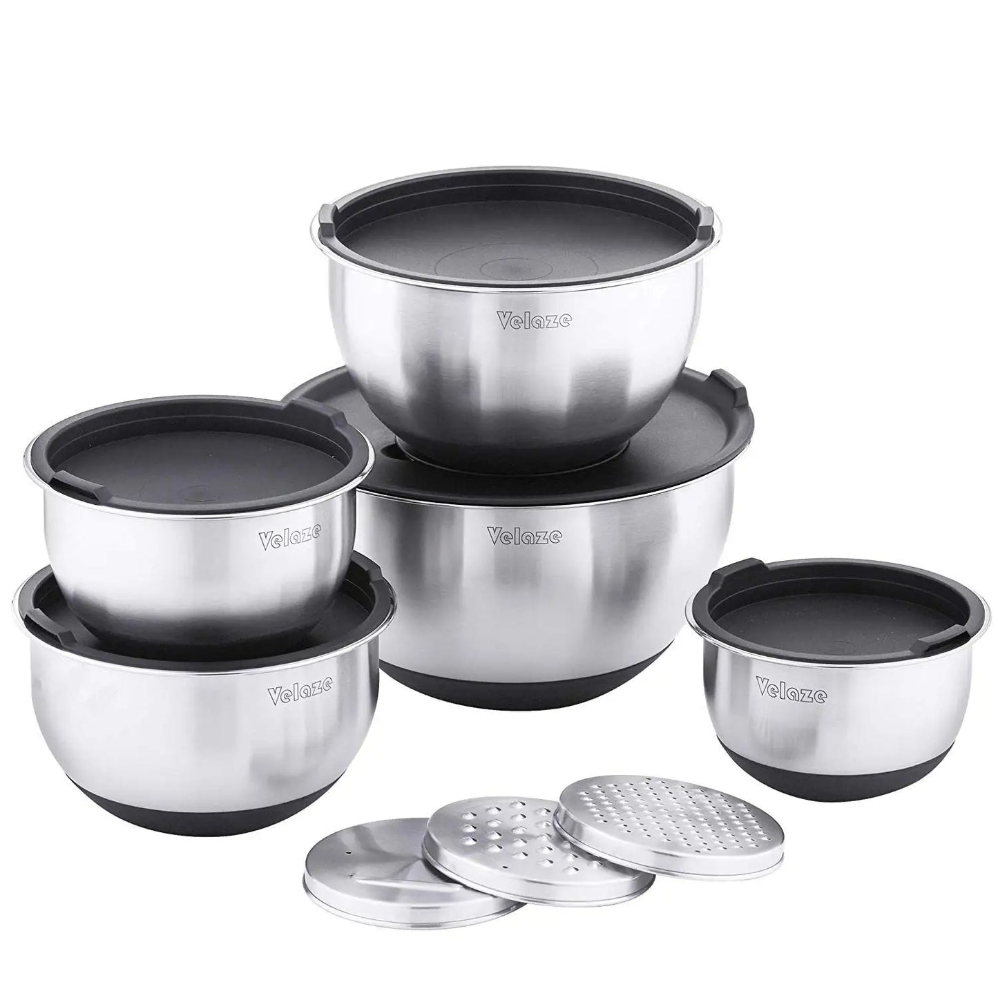 Stainless Steel Non-Slip Mixing Bowl Set of 5 with Grater and Lids