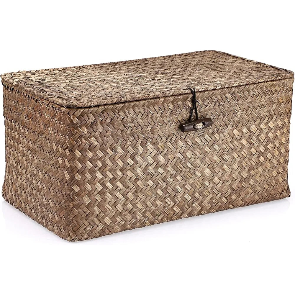 Vintage Handwoven Seagrass Wicker Storage Basket with Lid