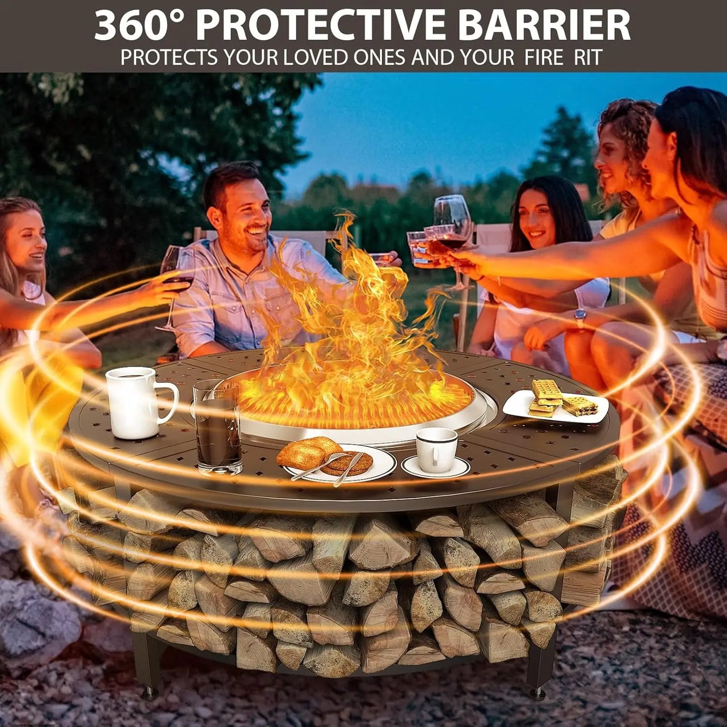 Deluxe Fire Pit Surround Tabletop with Firewood Storage Shelf