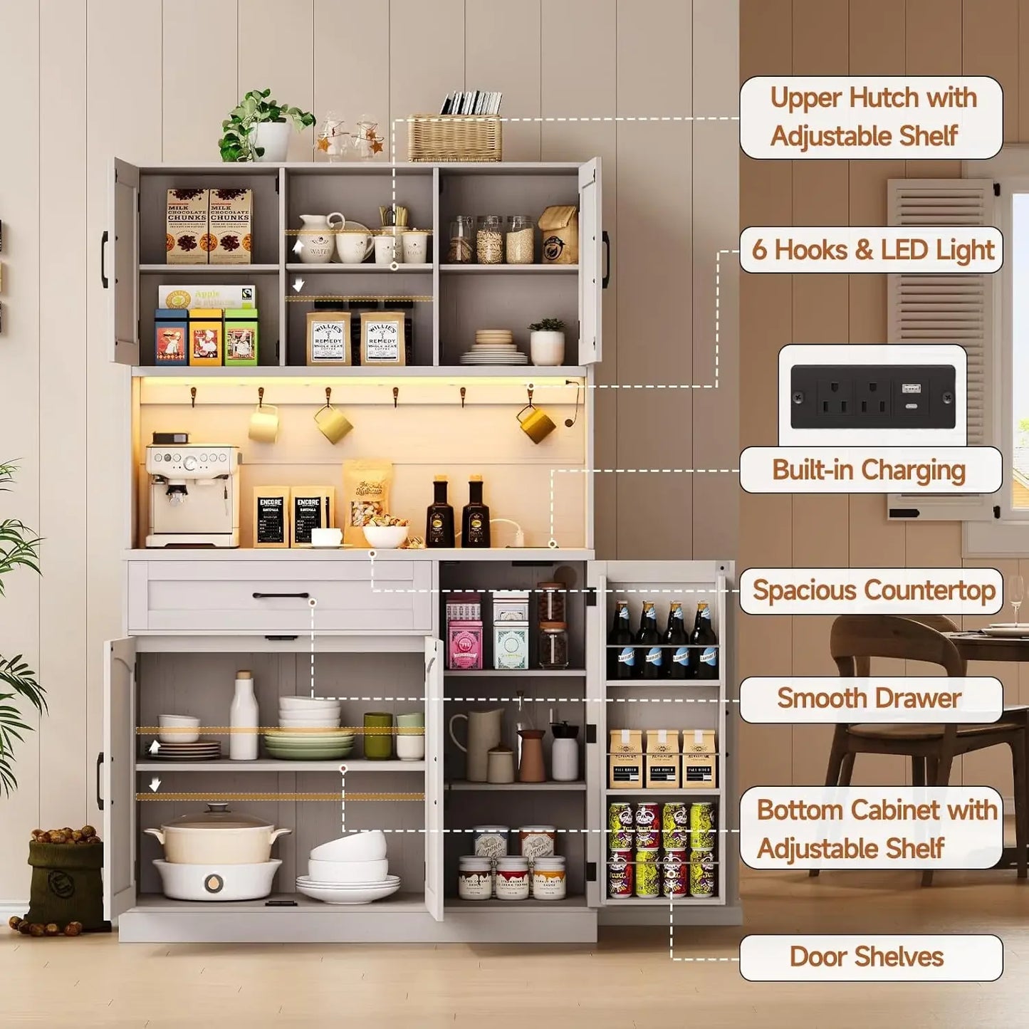 Kitchen Hutch with Microwave Shelf with LED Light & Outlet