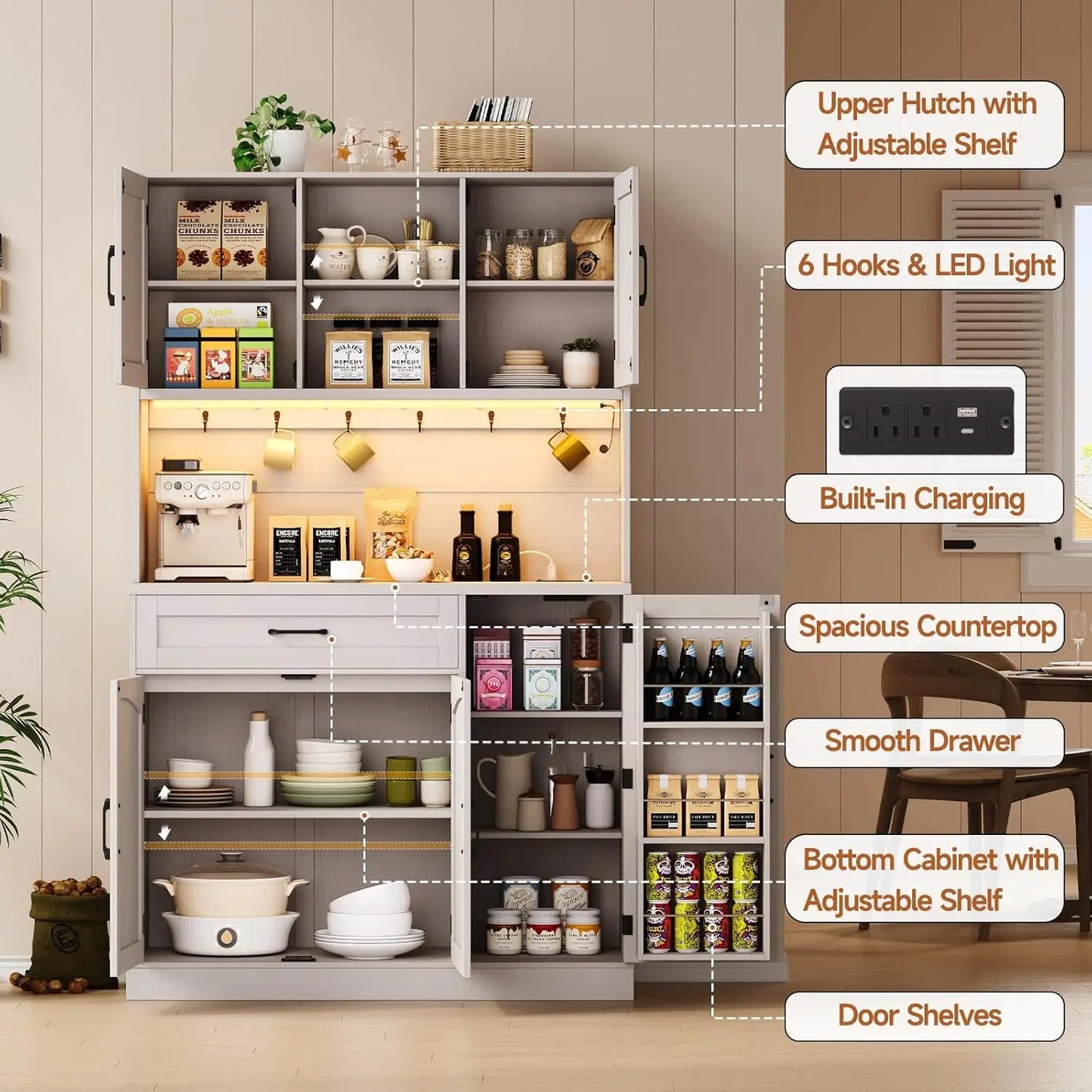 Kitchen Hutch with Microwave Shelf with LED Light & Outlet