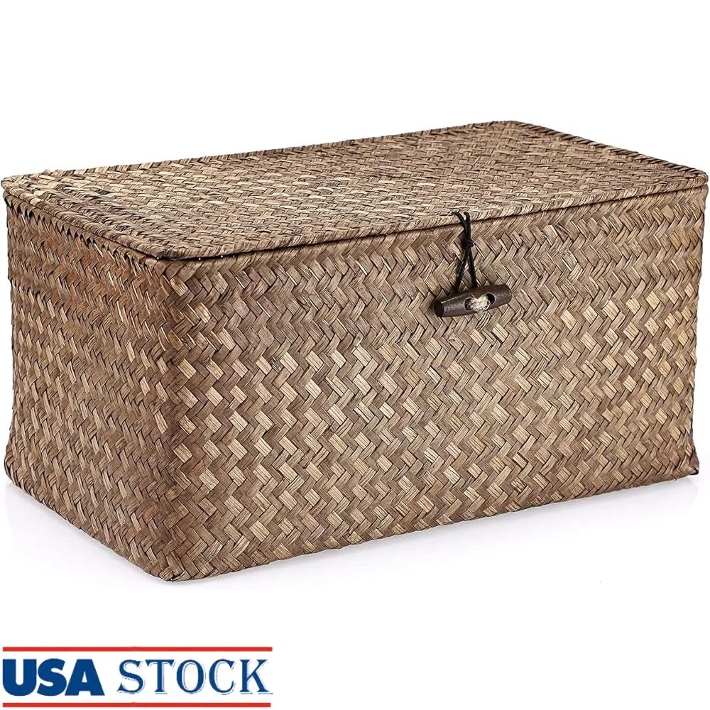 Vintage Handwoven Seagrass Wicker Storage Basket with Lid