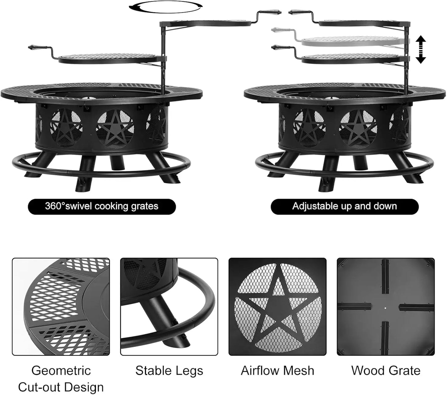 Patriotic Wood Burning Fire Pits with Lid & Poker