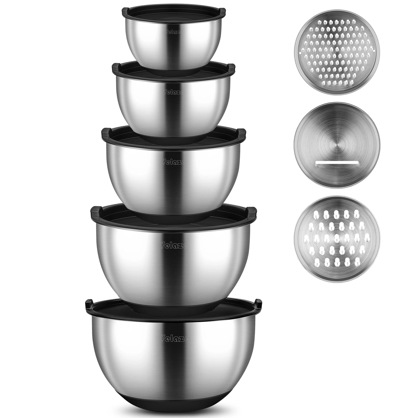 Stainless Steel Non-Slip Mixing Bowl Set of 5 with Grater and Lids