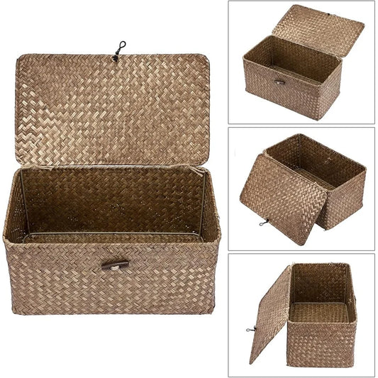 Vintage Handwoven Seagrass Wicker Storage Basket with Lid