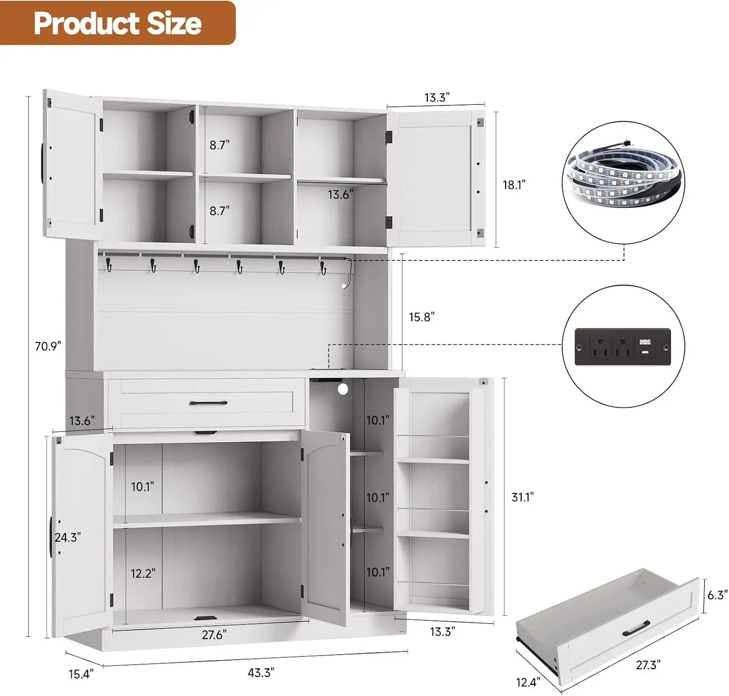 Kitchen Hutch with Microwave Shelf with LED Light & Outlet