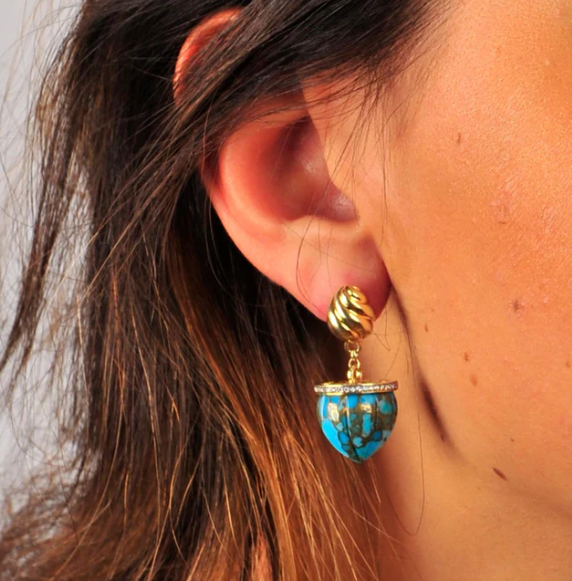 Glory of the Sun Turquoise & Diamond Drop Earrings in 14K Yellow Gold Plated Sterling Silver