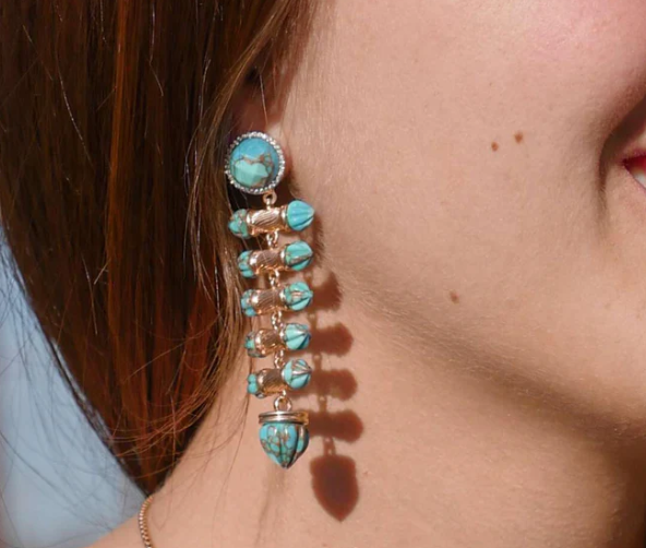 Twisted Rays Turquoise & Diamond Dangle Earrings in 14K Yellow Gold Plated Sterling Silver