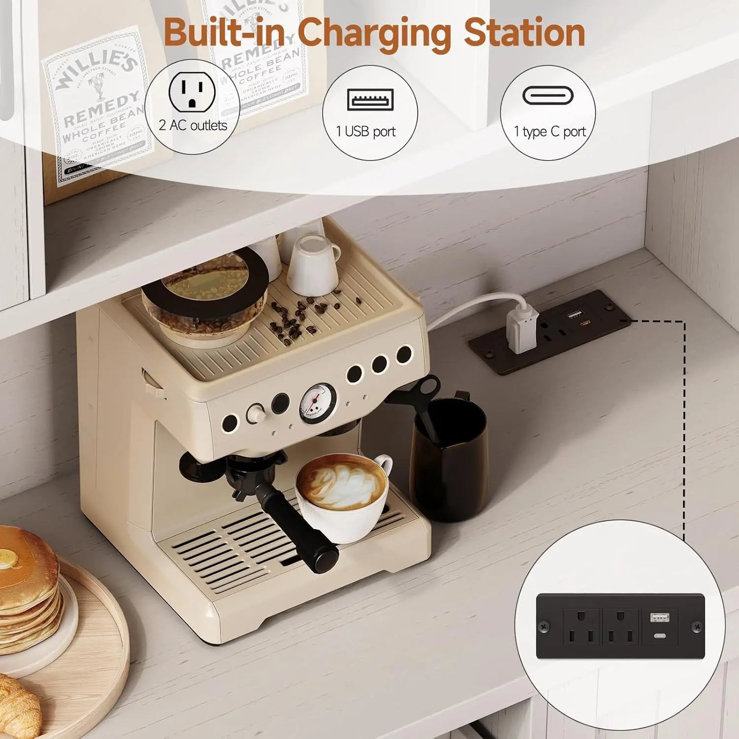 Kitchen Hutch with Microwave Shelf with LED Light & Outlet
