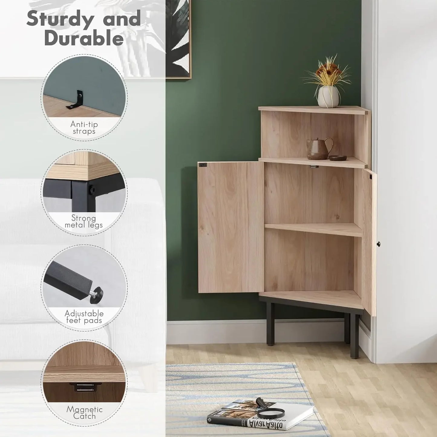 Handmade Corner Cabinet with Natural Rattan Decorated Doors