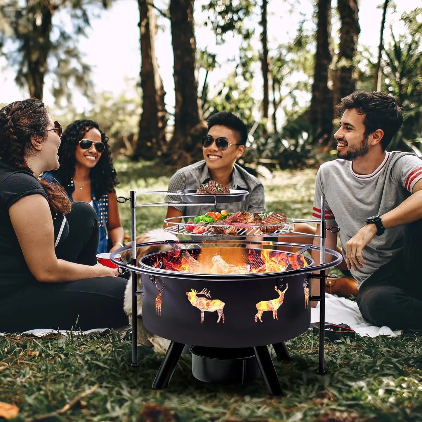 Hunters Fire Pit with Cooking Grate, Lid, Poker and Round Waterproof Cover