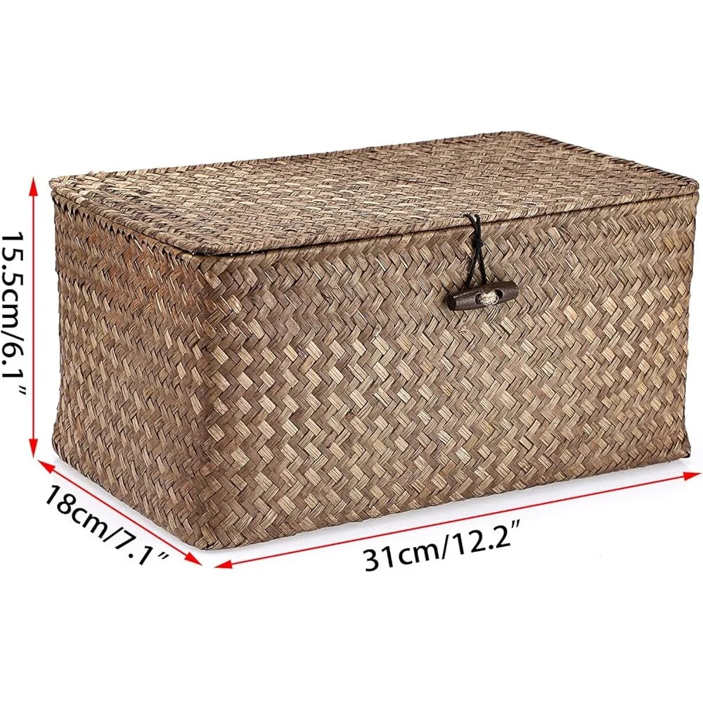 Vintage Handwoven Seagrass Wicker Storage Basket with Lid