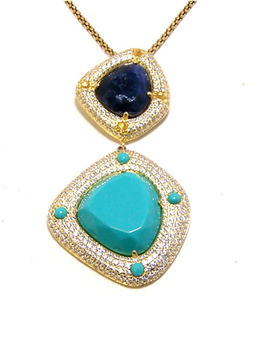 Turquoise & Sodalite Sliced Drop Dangle Pendant 925 Sterling Silver, Yellow Gold