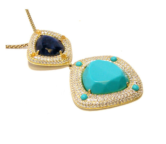 Turquoise & Sodalite Sliced Drop Dangle Pendant 925 Sterling Silver, Yellow Gold