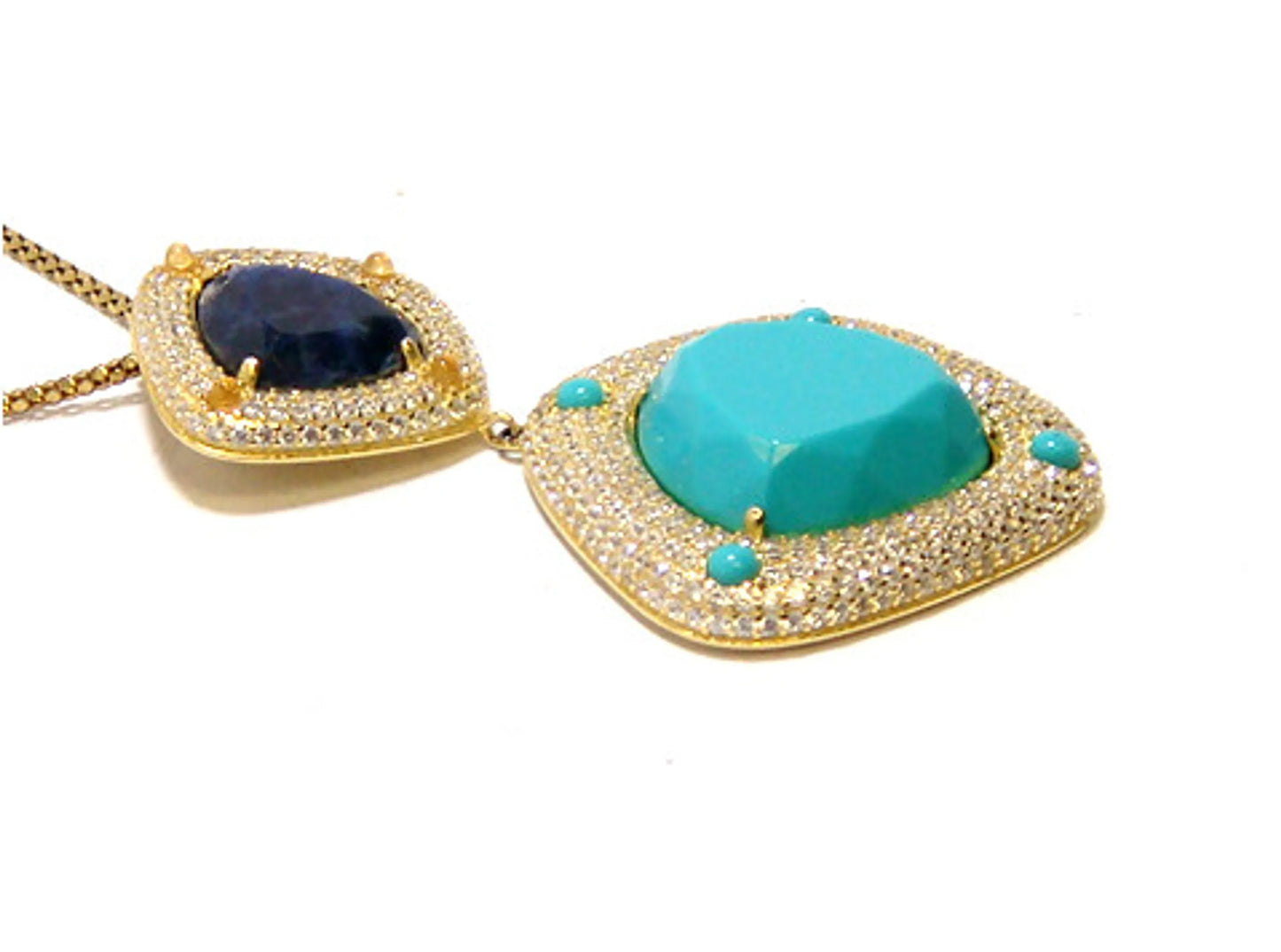 Turquoise & Sodalite Sliced Drop Dangle Pendant 925 Sterling Silver, Yellow Gold