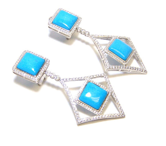 Turquoise Diamond Shape Dangle Earrings, 925 Sterling Silver Rose Gold
