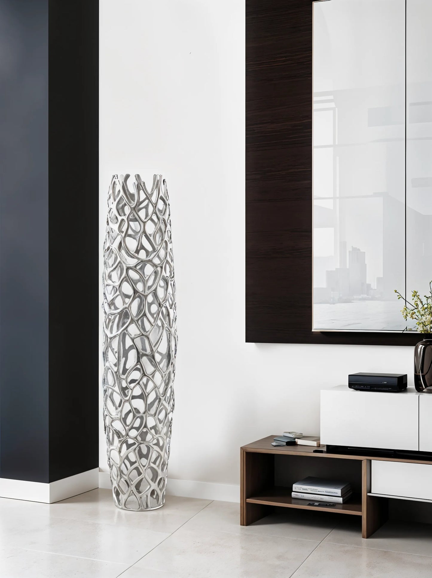 Chic Sleek 47" Aluminum Silver Cylinder Floor Vase