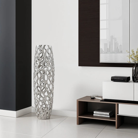 Radiant 32-Inch Silver Aluminum Cylinder Vase – Bold Elegance Meets Lightweight Strength
