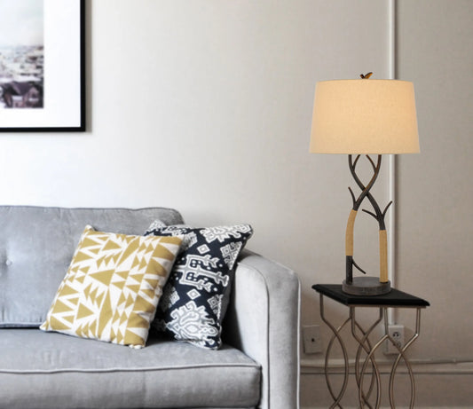 Rustic Table Lamp With Tan Empire Shade