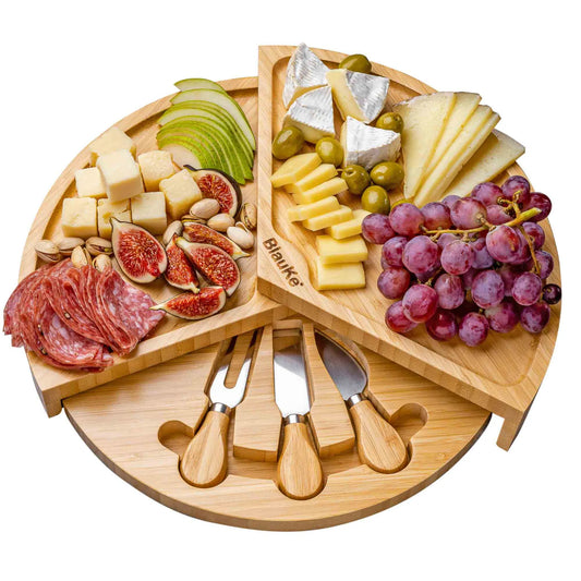 Bamboo Cheese Charcuterie Board and Knife Set with Slide-Out Drawer