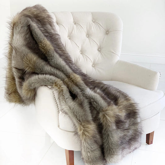 Plutus Gray Wolverine Pelage Plush Handmade Luxury Faux Fur Throw