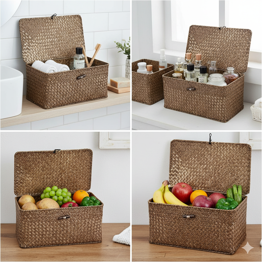 Vintage Handwoven Seagrass Wicker Storage Basket with Lid