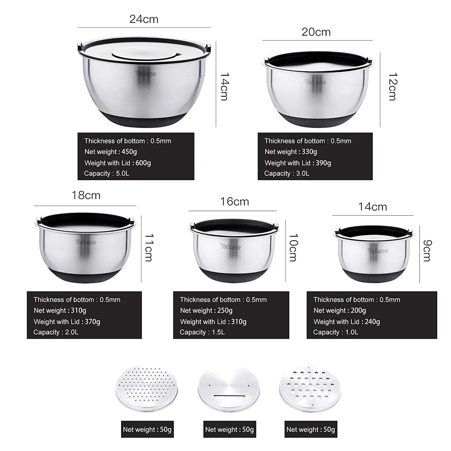 Stainless Steel Non-Slip Mixing Bowl Set of 5 with Grater and Lids