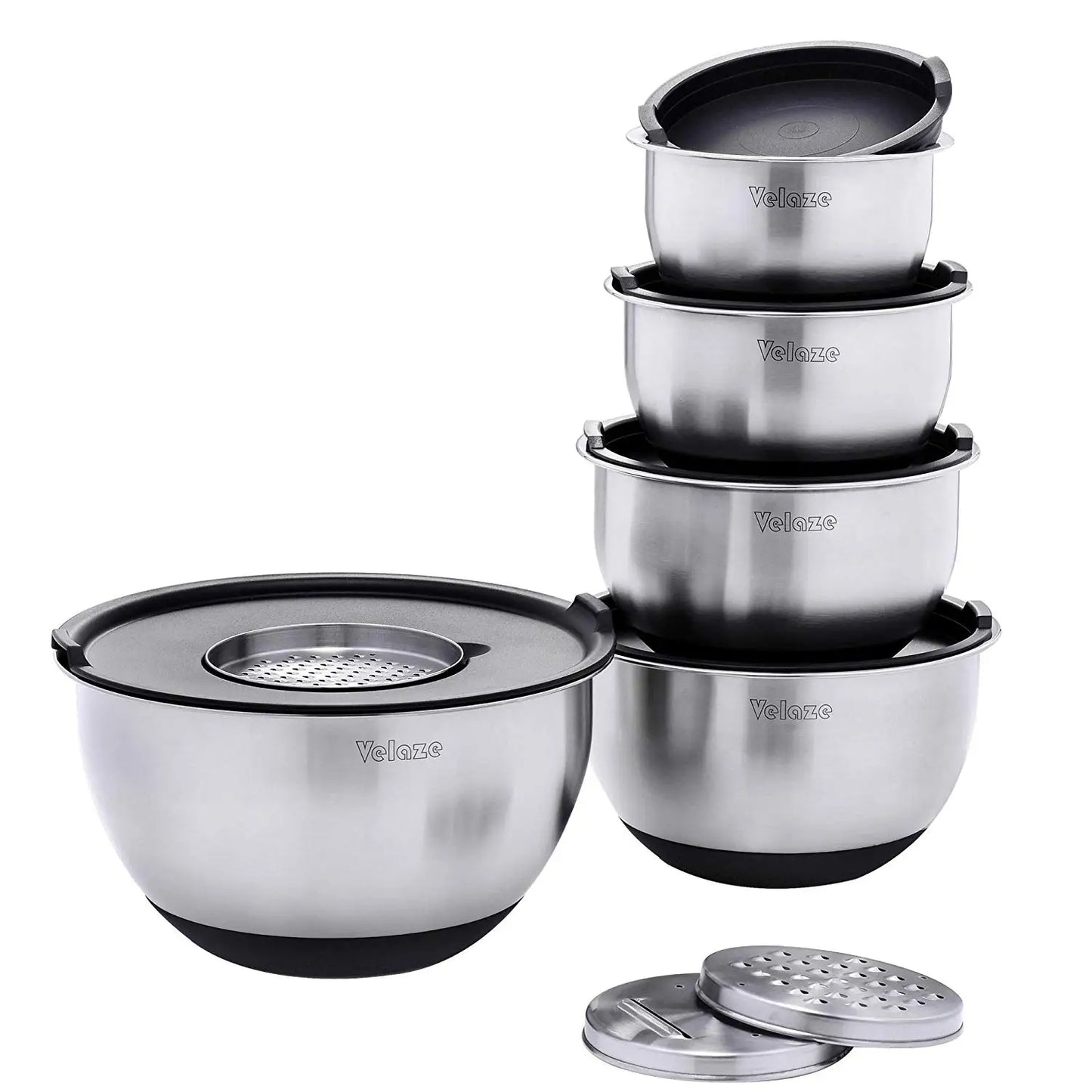 Stainless Steel Non-Slip Mixing Bowl Set of 5 with Grater and Lids