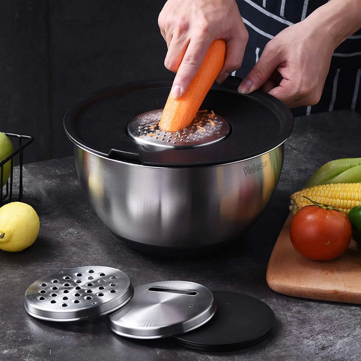 Stainless Steel Non-Slip Mixing Bowl Set of 5 with Grater and Lids