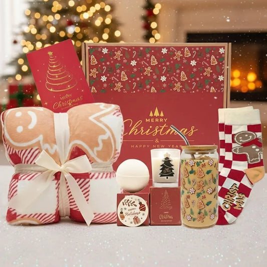 Elegant Christmas Gift Basket for Her: Cozy Blanket, Stylish Glassware & Spa Essentials