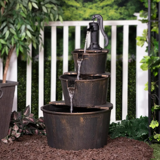 Timeless Rustic Tiered Pump and Barrel Water Fountain