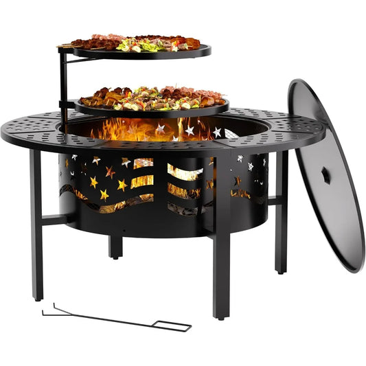 Stars and Stripes Wood Burning 42" Fire Pit with 2 Grills, with poker and lid cover