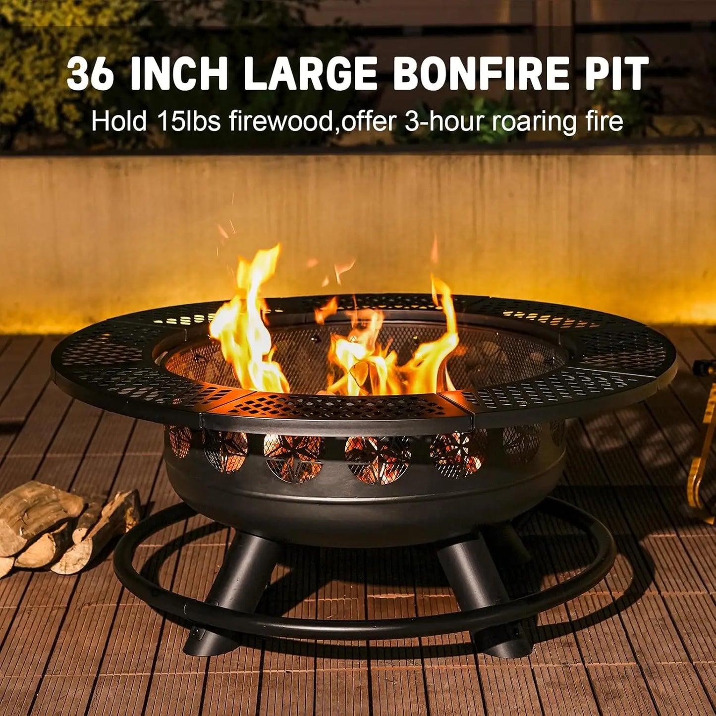 3-in-1 Outdoor Wood Burning Stars Fire Pit with Lid