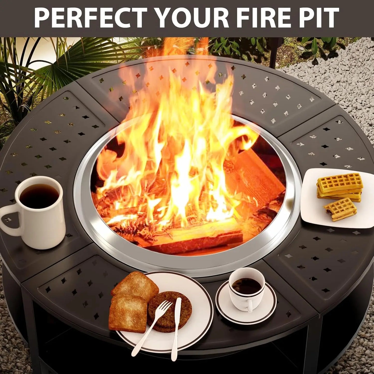 Deluxe Fire Pit Surround Tabletop with Firewood Storage Shelf