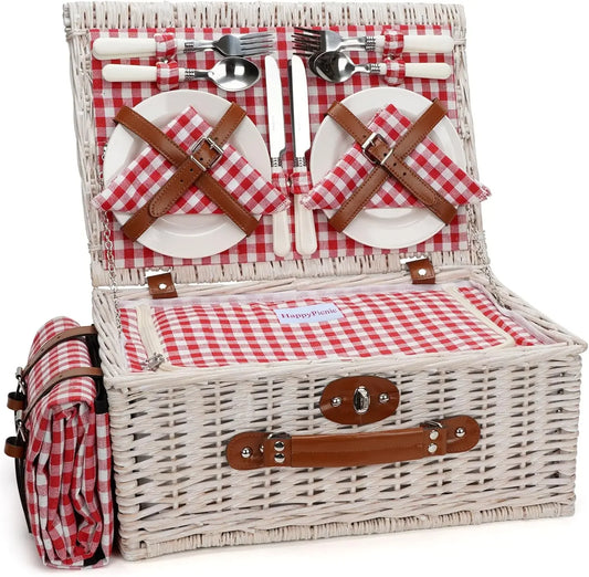 Vintage Picnic Basket Cooler Set for 4 with Large Waterproof Picnic Blanket