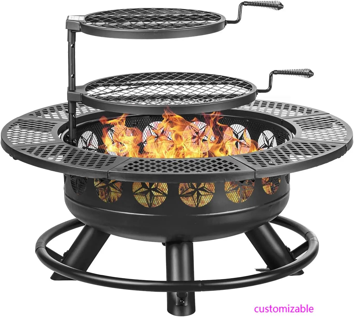 3-in-1 Outdoor Wood Burning Stars Fire Pit with Lid