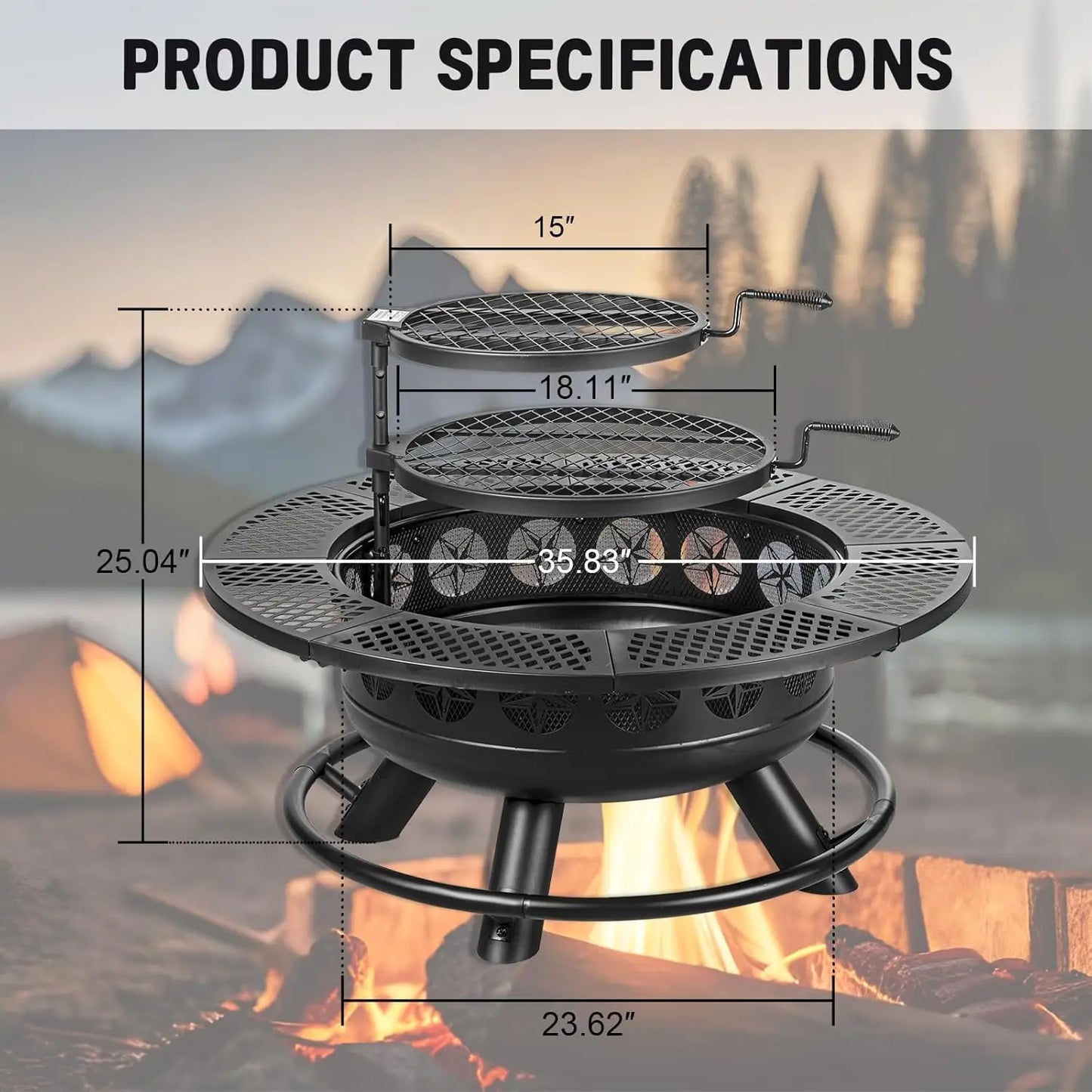 3-in-1 Outdoor Wood Burning Stars Fire Pit with Lid
