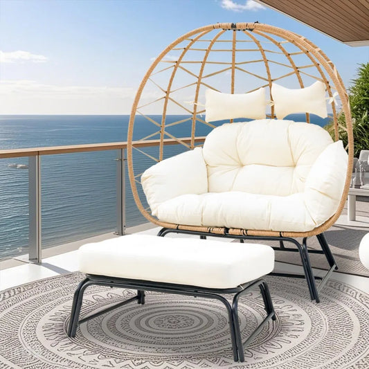 Oversized Double Wicker Lounge Chair with Ottoman