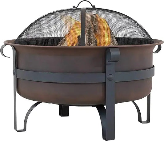 Timeless Rusitc Charm Bronze Cauldron Wood Fire Pit, Includes Poker and Spark Screen