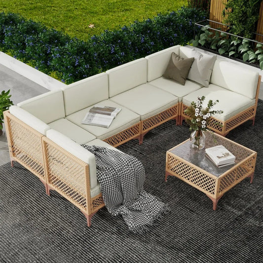Solterra 7-Piece Boho Chic Courtyard Set – Sophisticated Comfort Meets Effortless Outdoor Entertaining