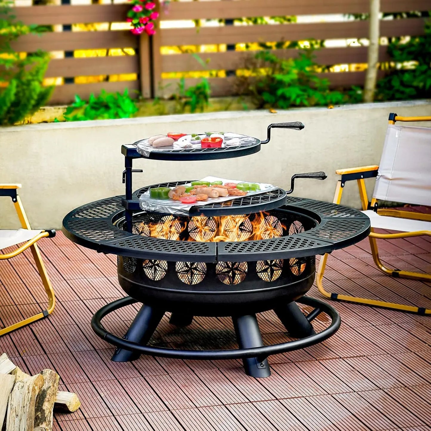 3-in-1 Outdoor Wood Burning Stars Fire Pit with Lid