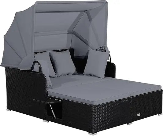 Chic Sun Lounger with Retractable Canopy and 2 Foldable Side Panels