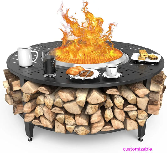Deluxe Fire Pit Surround Tabletop with Firewood Storage Shelf