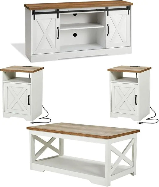 Distressed White Weathered Farmhouse 4-piece Living Room Table Set